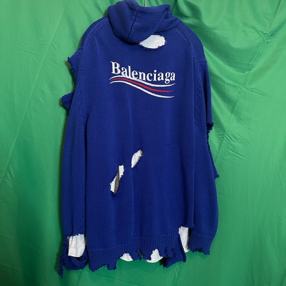 BALENCIAGA destroyed knit layered hybrid campaign hoodie blue NWT - Picture 10 of 16